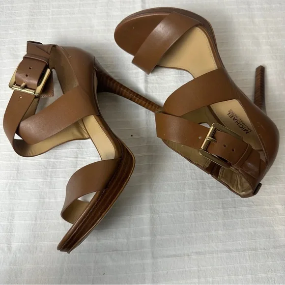 Michael Kors Brown Leather Strappy Stiletto Heels gold hardware - Picture 8 of 16